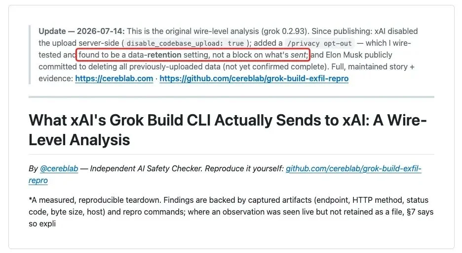 马斯克连夜开源Grok Build,但84万行代码里还留着上传用户整个代码库的痕迹